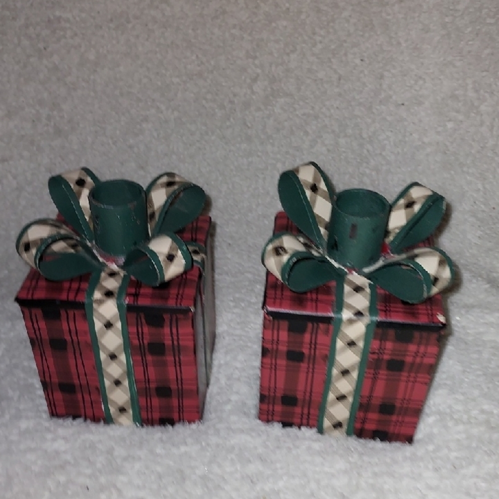 2 Plaid Gift Box Candle Holders 5" T  3 1/2" W